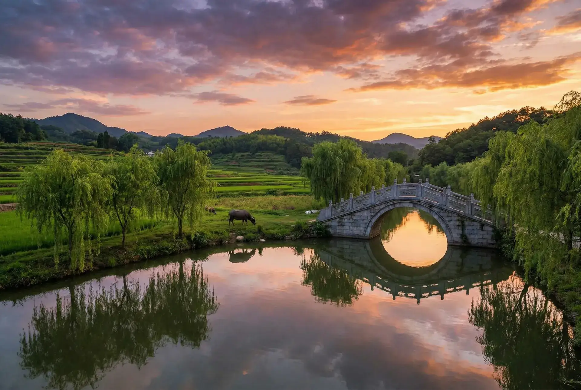 夕阳下的石拱桥与垂柳，水牛在河边吃草 - 寻找里美 乡村美景
